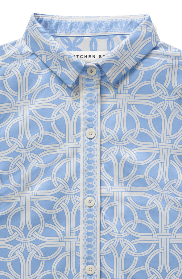 Collar details of the Gretchen Scott Swagger Dress - Ring Toss - Periwinkle. 