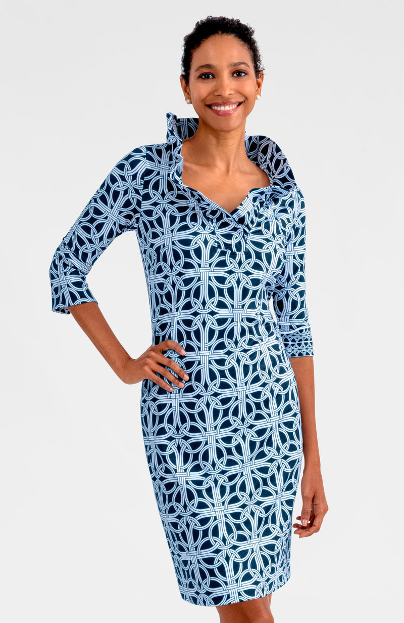 Gretchen Scott | Jersey Ruffneck Dress - Ring Toss Navy Multi / Medium Gretchen Scott | Jersey Ruffneck Dress - Ring Toss Navy Multi / Medium