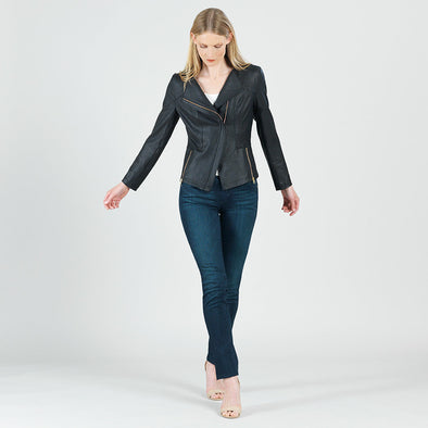 Model wearing Clara Sun Woo Liquid Metal Jacket in Black