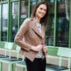 Model outside wearing Clara Sun Woo Liquid Leather Signature Jacket in Taupe