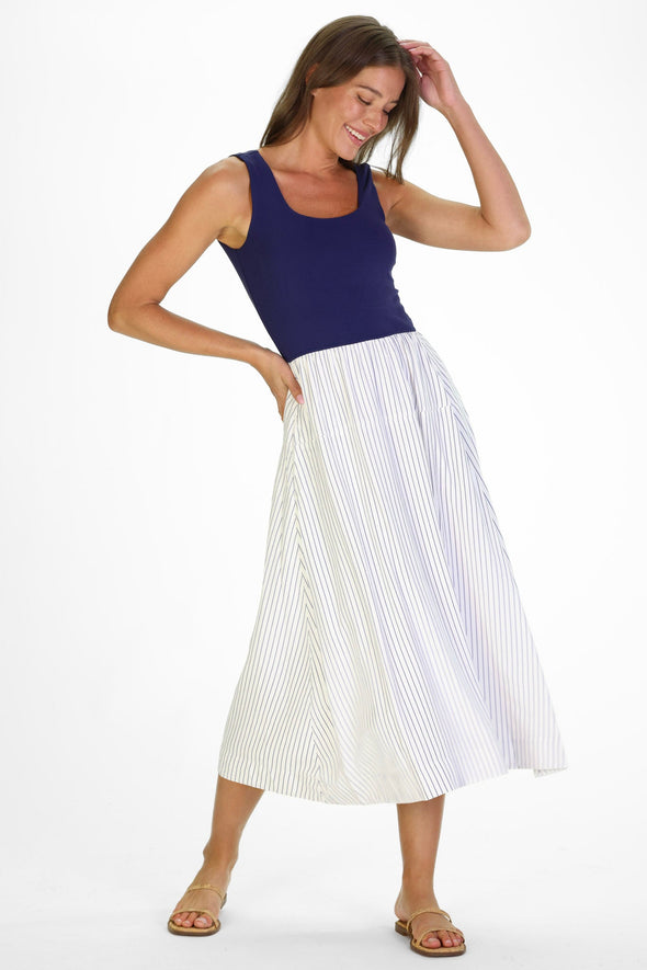 Duffield Lane Jada Midi Dress - Thin Navy Stripe