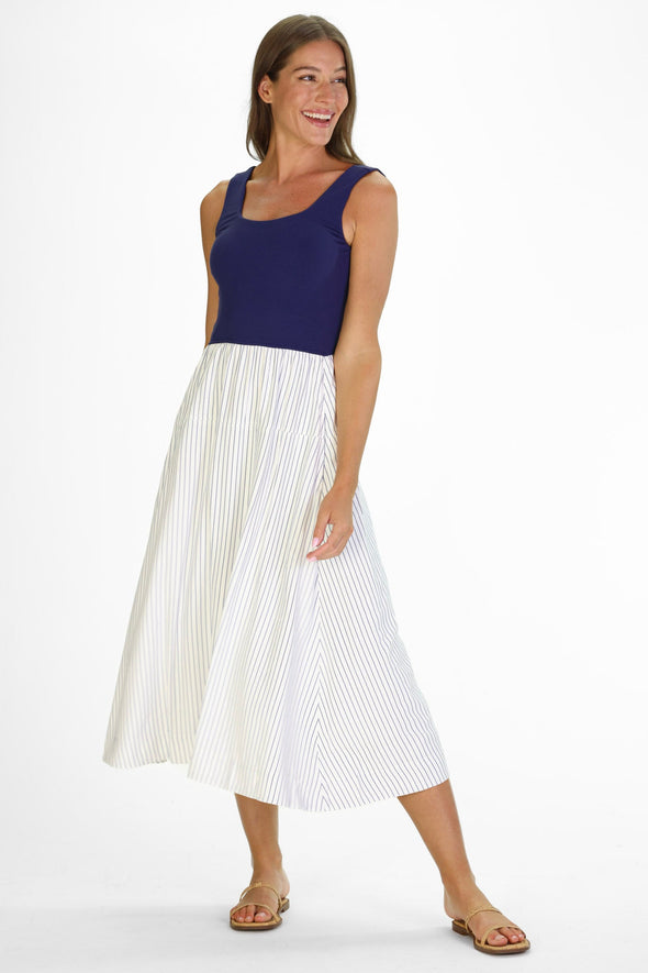 Duffield Lane Jada Midi Dress - Thin Navy Stripe
