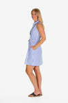 Side view of the Duffield Lane Lina Dress - Blue Sky & White Stripe