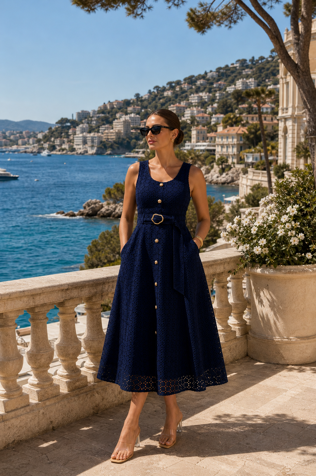 The Livia Eyelet Belted Midi Dress L / Navy The Livia Eyelet Belted Midi Dress L / Navy
