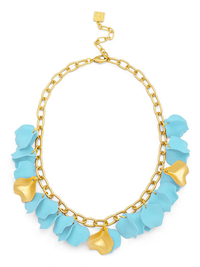 Zenzii Matte & Metal Petal Necklace with  Light Blue Petals on White Background