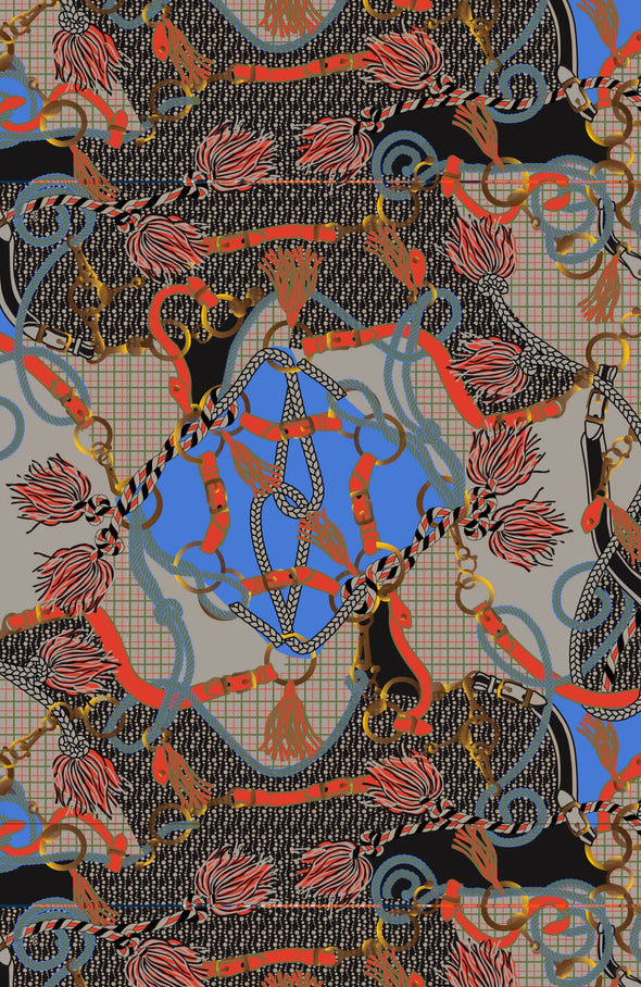 Isolated view of the Ditto print in black. It is blue, orange, tan, brown chains and horse bits.