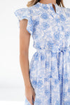 J. Marie Palmer Blue Floral Button Ruffle Midi Dress Close Up View on White Background - 5