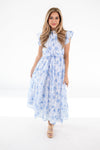 J. Marie Palmer Blue Floral Button Ruffle Midi Dress Front View on White Background - 1