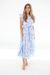 J. Marie Palmer Blue Floral Button Ruffle Midi Dress Front View on White Background - 2