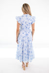 J. Marie Palmer Blue Floral Button Ruffle Midi Dress Back View on White Background - 4
