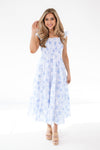 J. Marie Palmer Blue Floral Ruffle Strap Midi Dress Front View on White Background - 3