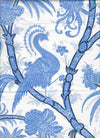 Close up of the Patty Kim Blue Peacock print. White background with peacocks and florals in shades of blue