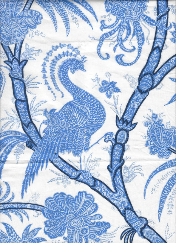 Close up of the Patty Kim Blue Peacock print. White background with peacocks and florals in shades of blue