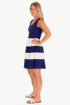 Side view of the Duffield Lane Ludington Pique Dress - Navy/White