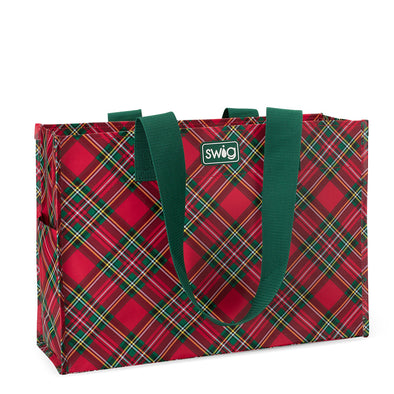Red plaid tote bag with green handles on a white background