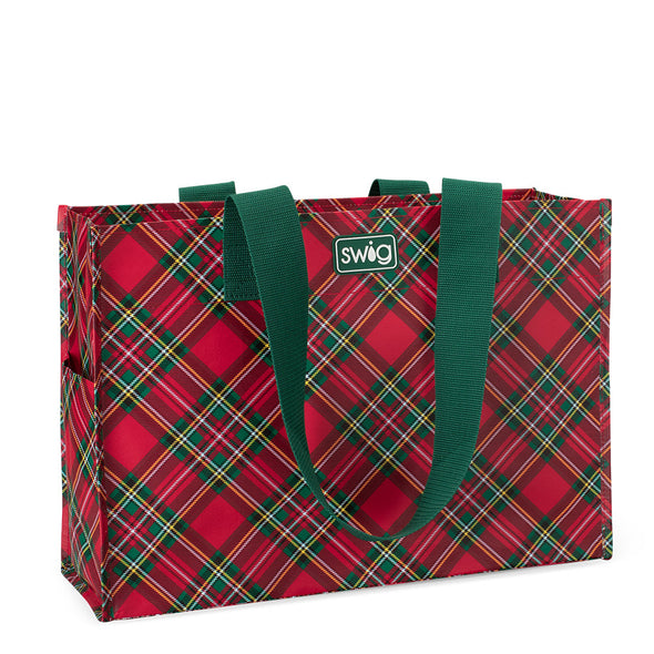 Red plaid tote bag with green handles on a white background