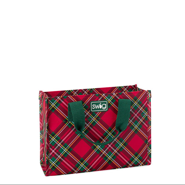 Red plaid bag with green handles and 'Swig' logo on a white background