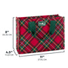 Red plaid tote bag with green handles and 'Swig' logo, shown with dimensions on a white background.