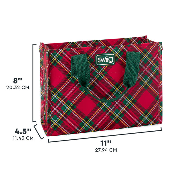 Red plaid tote bag with green handles and 'Swig' logo, shown with dimensions on a white background.