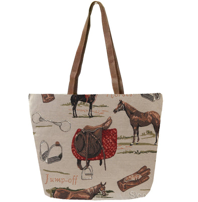 Tote bag with equestrian pattern featuring horses, saddles, and other horse-related items on a beige background.