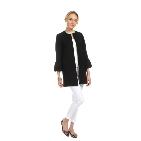 Model wearing Patty Kim Kelly Gathered Ruffle Sleeve Jacket in Black with White Jeans and cheetah shoes