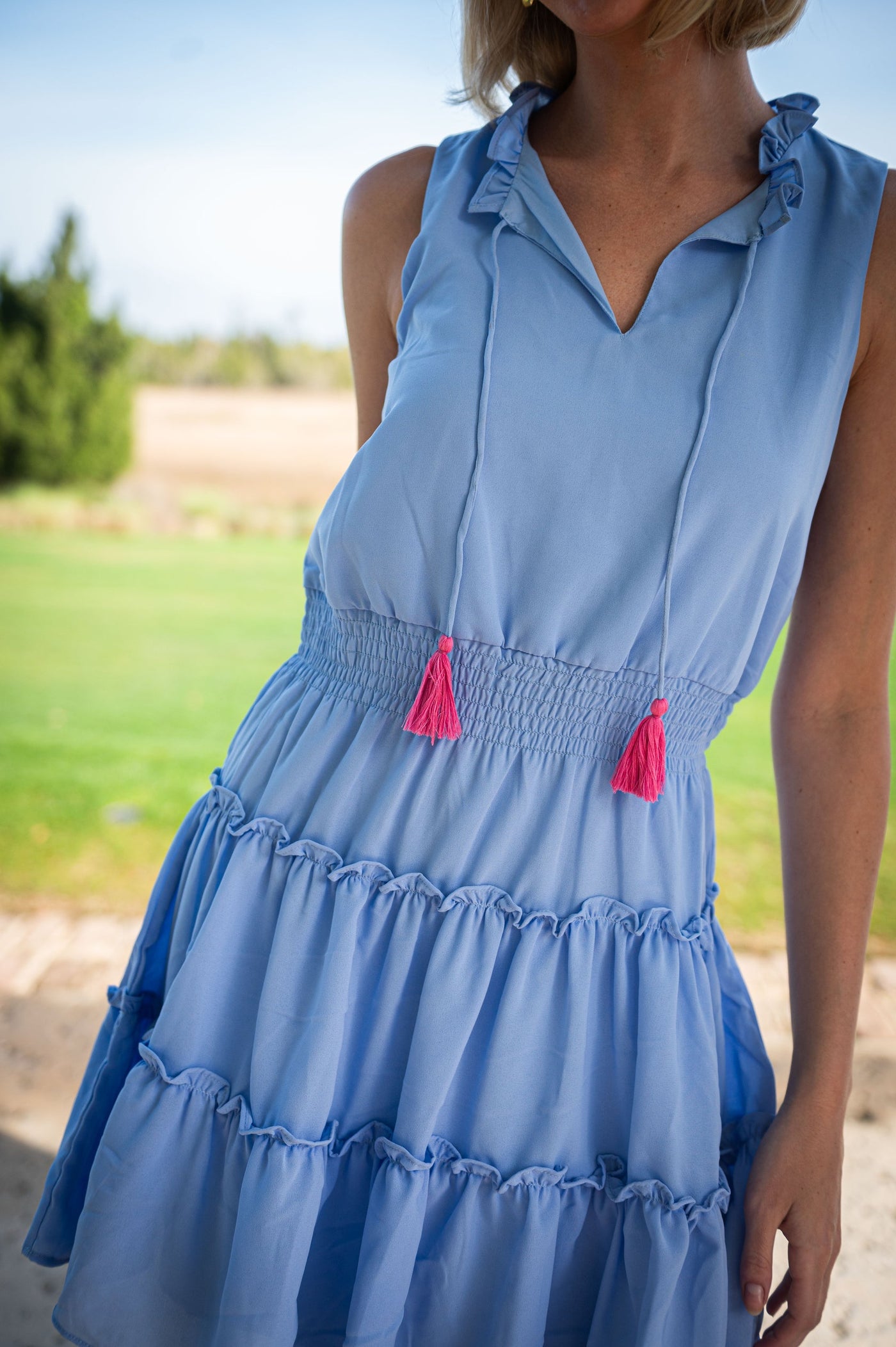 Sail to Sable Hydrangea Sleeveless Smocked Waist Dress with Tassels LIGHT BLUE/LIGHT PINK / L / SP2548ST Sail to Sable Hydrangea Sleeveless Smocked Waist Dress with Tassels LIGHT BLUE/LIGHT PINK / L / SP2548ST