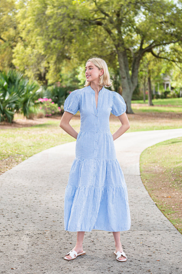 Sail To Sable Short Sleeve Midi Dress - Blue/White Stripe