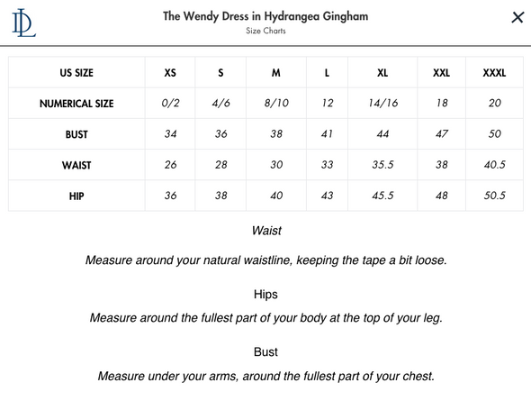 Size chart for Duffield Lane Wendy Midi Dress - Hydrangea Gingham