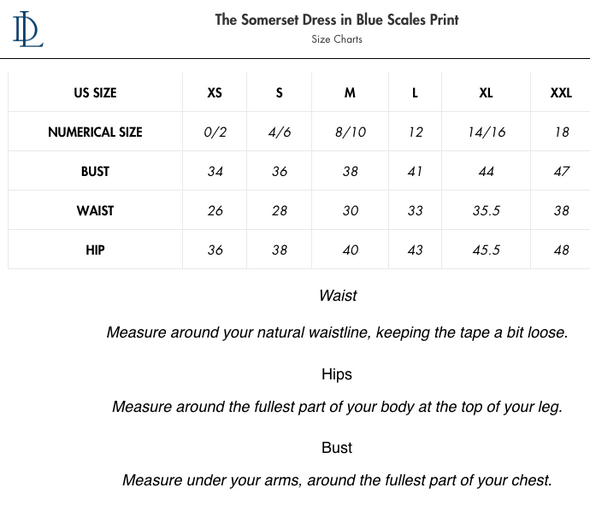 Size chart for Duffield Lane Somerset Dress in blue scales