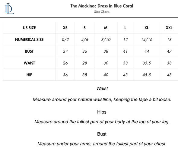 Size Chart for Mackinac Dress in Blue Coral