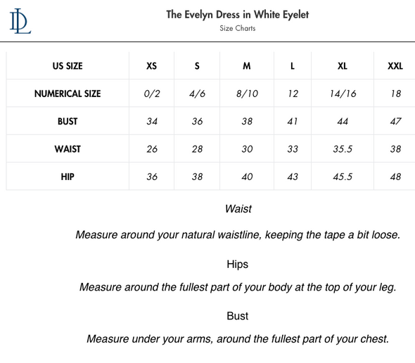 Size Chart for Duffield Lane Evelyn Dress in White Eyelet