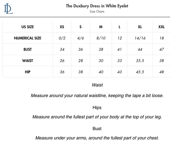 Size Chart for Duffield Lane Duxbury Dress in White Eyelet