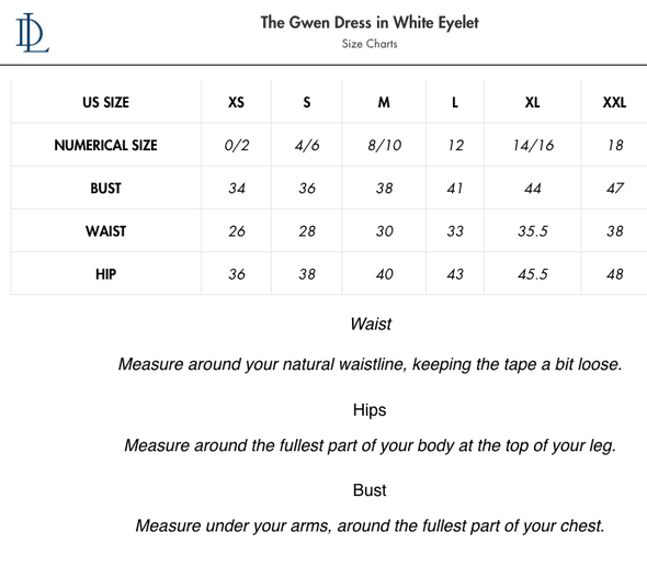 Size Chart of Duffield Lane Gwen Dress in White Eyelet