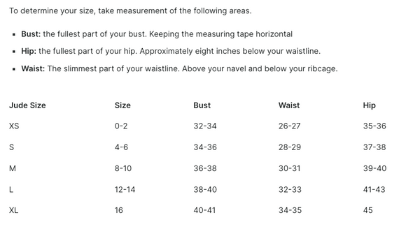 Size chart for Jude Conally Sloane Dress 