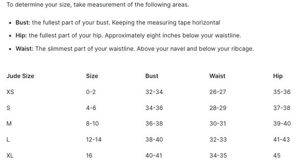 Jude Connally Size Chart