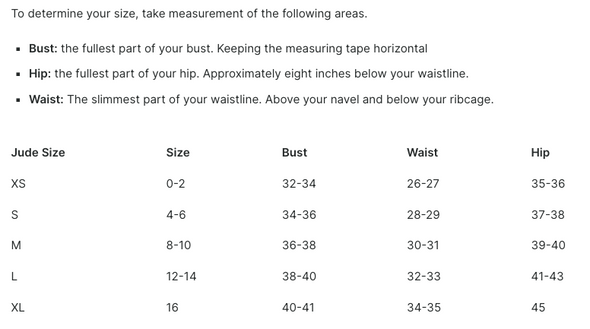 Jude Connally Size Chart