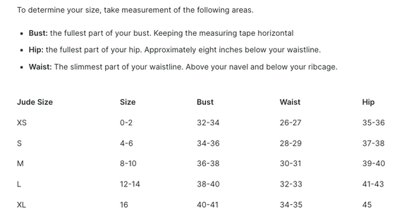 Jude Connally Size Chart