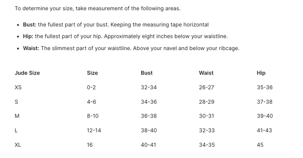 Jude Connally Size Chart