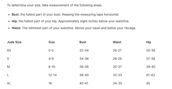 Jude Connally Size Chart