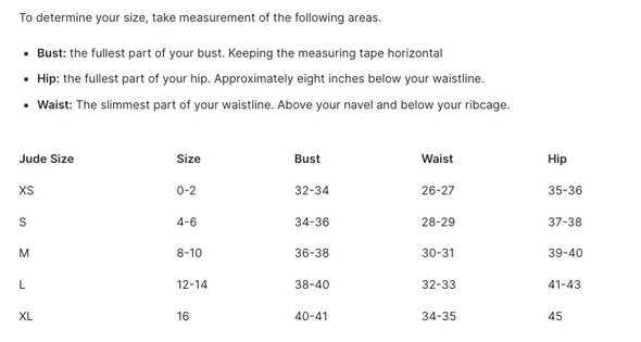 Jude Connally Size Chart