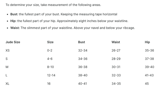 Jude Connally Size Chart