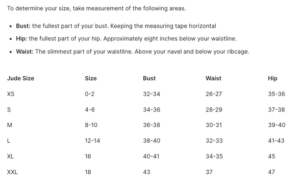 Jude Connally Size Chart