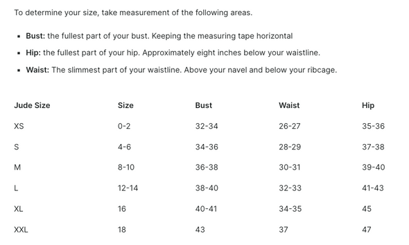 Jude Connally Size Chart