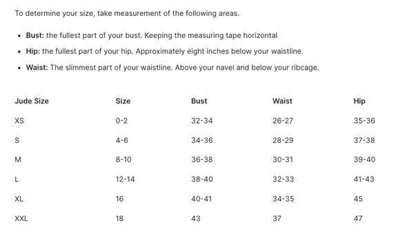 Size Chart for Jude Connally Libby Dress in Navy