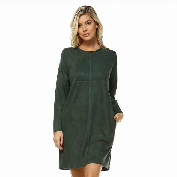 Aurora Long Sleeve Suede Dress - Hunter Green