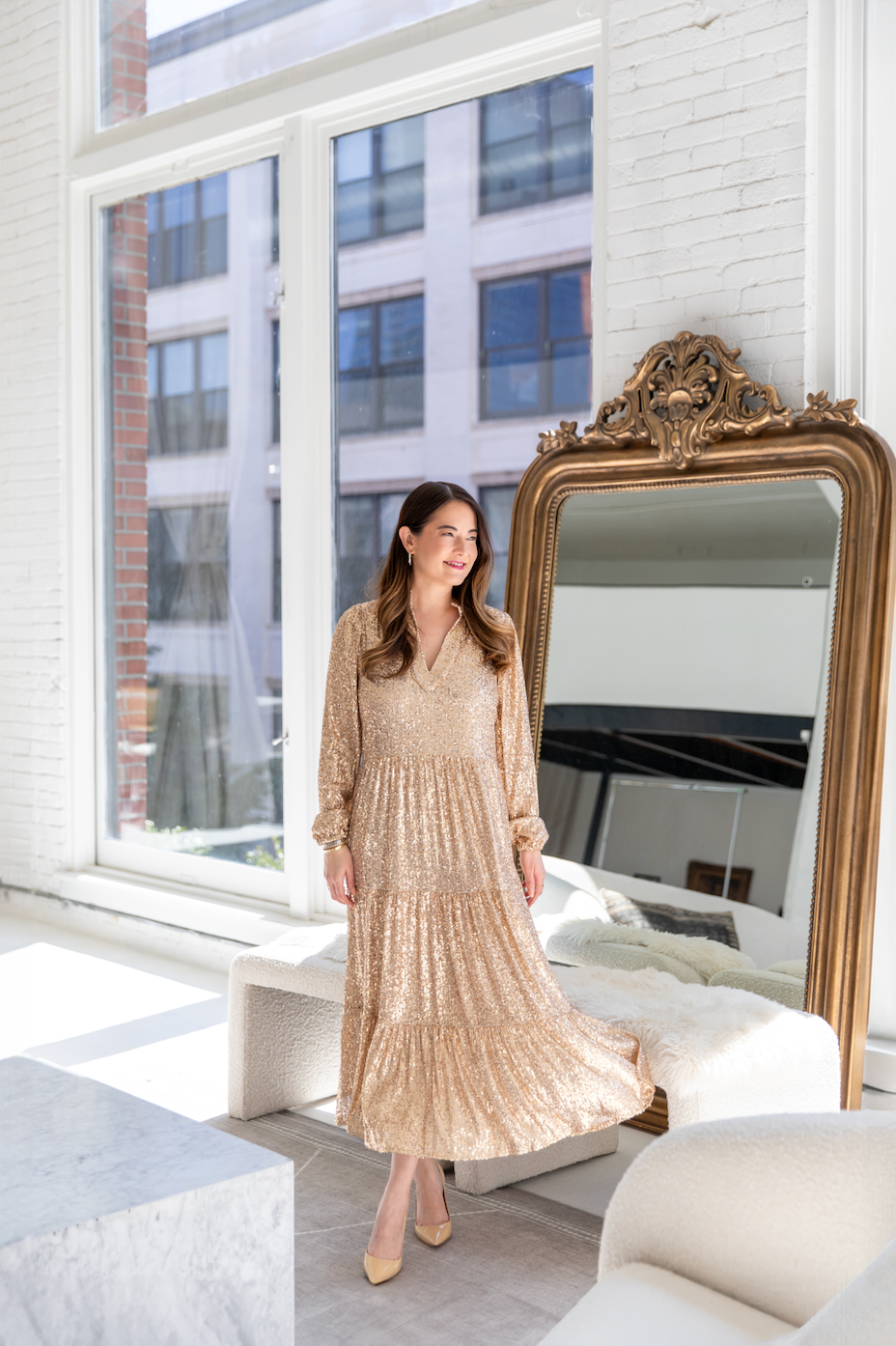 Sail to Sable Gold Sequin Midi Dress XSmall Sail to Sable Gold Sequin Midi Dress XSmall