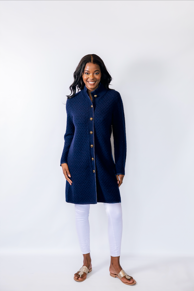 Long navy blue sweater with gold buttons 