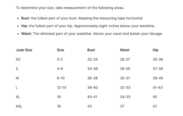 Size chart for the Jude Connally Sabine Ponte Dress - Dark Navy