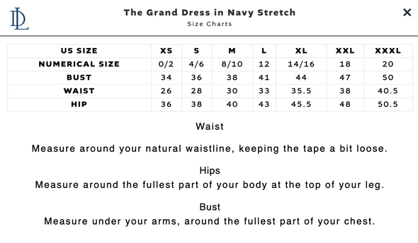 Size chart of the Duffield Lane Grand Dress - Navy Stretch