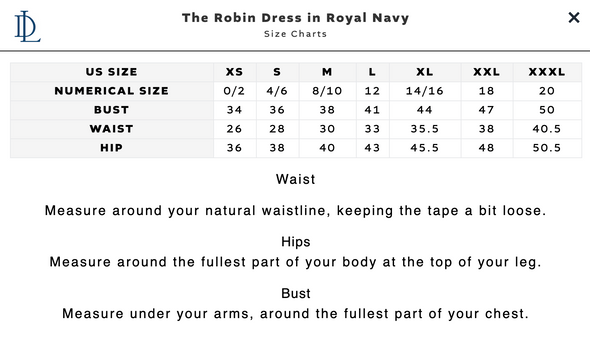 Size chart for that Duffield Lane Robin Dress - Royal Navy